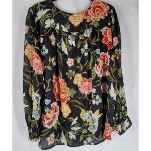 LOFT Black Multi-Color Floral Long Sleeve Buttoned Cuff Tunic Blouse Size XL